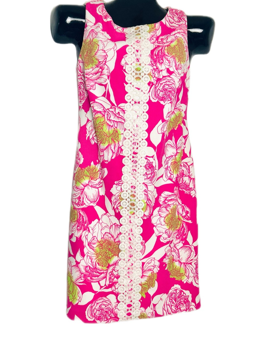 Jessica Howard Pink Floral Crochet Front Trim Stretch Knit Sheath Dress